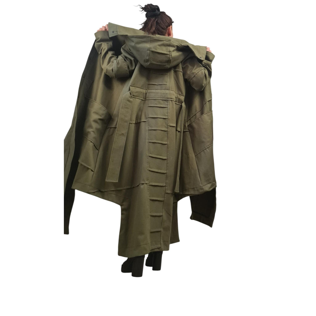 Military Green Denim Trench Coat, Extravagant Asymmetrical Long Jacket, Avant Garde Cotton Overcoat for Women