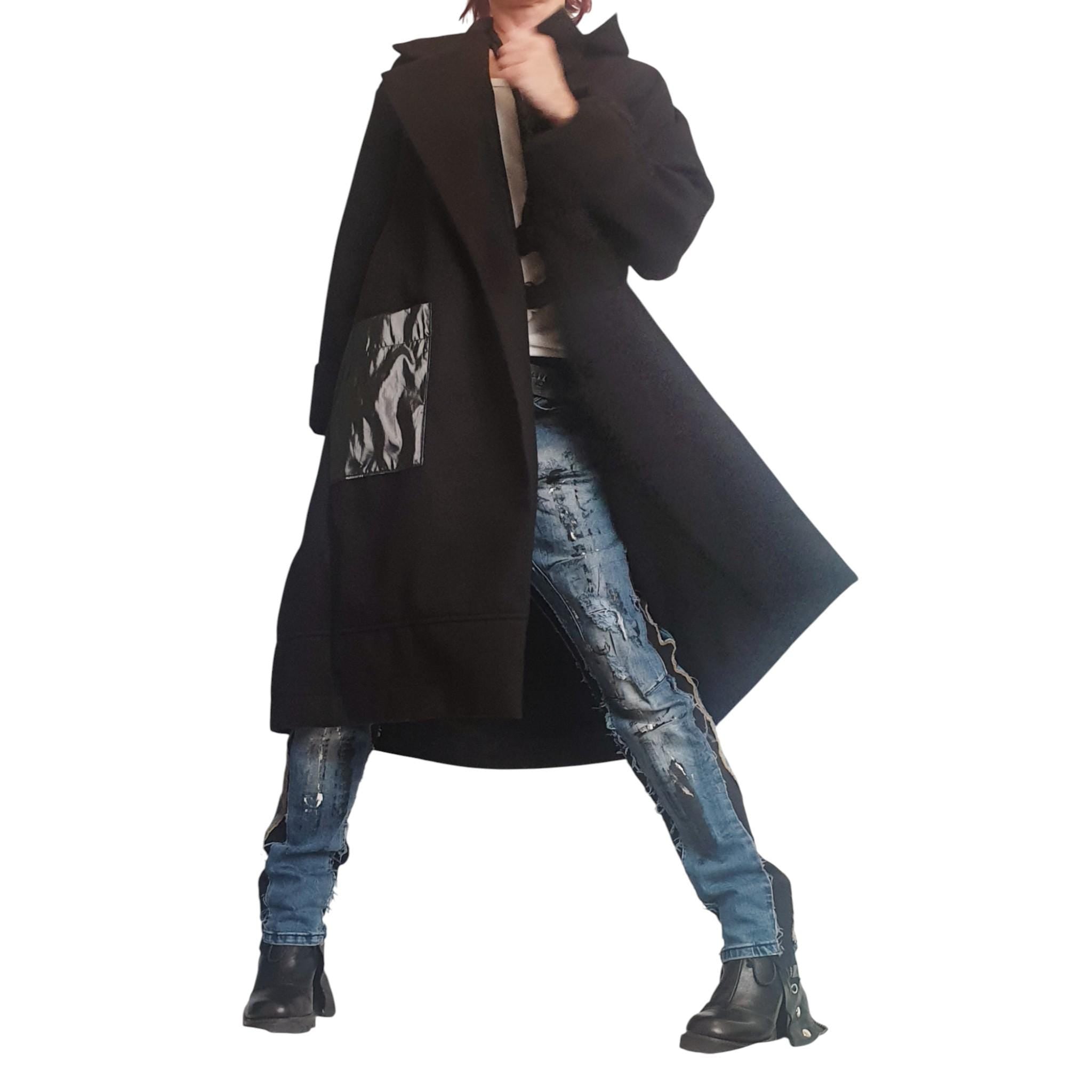 Avant Garde Black Coat, Long Trench Coat with Glossy Pockets, Oversized Handmade Wool Blend Jacket, Extravagant Black Coat