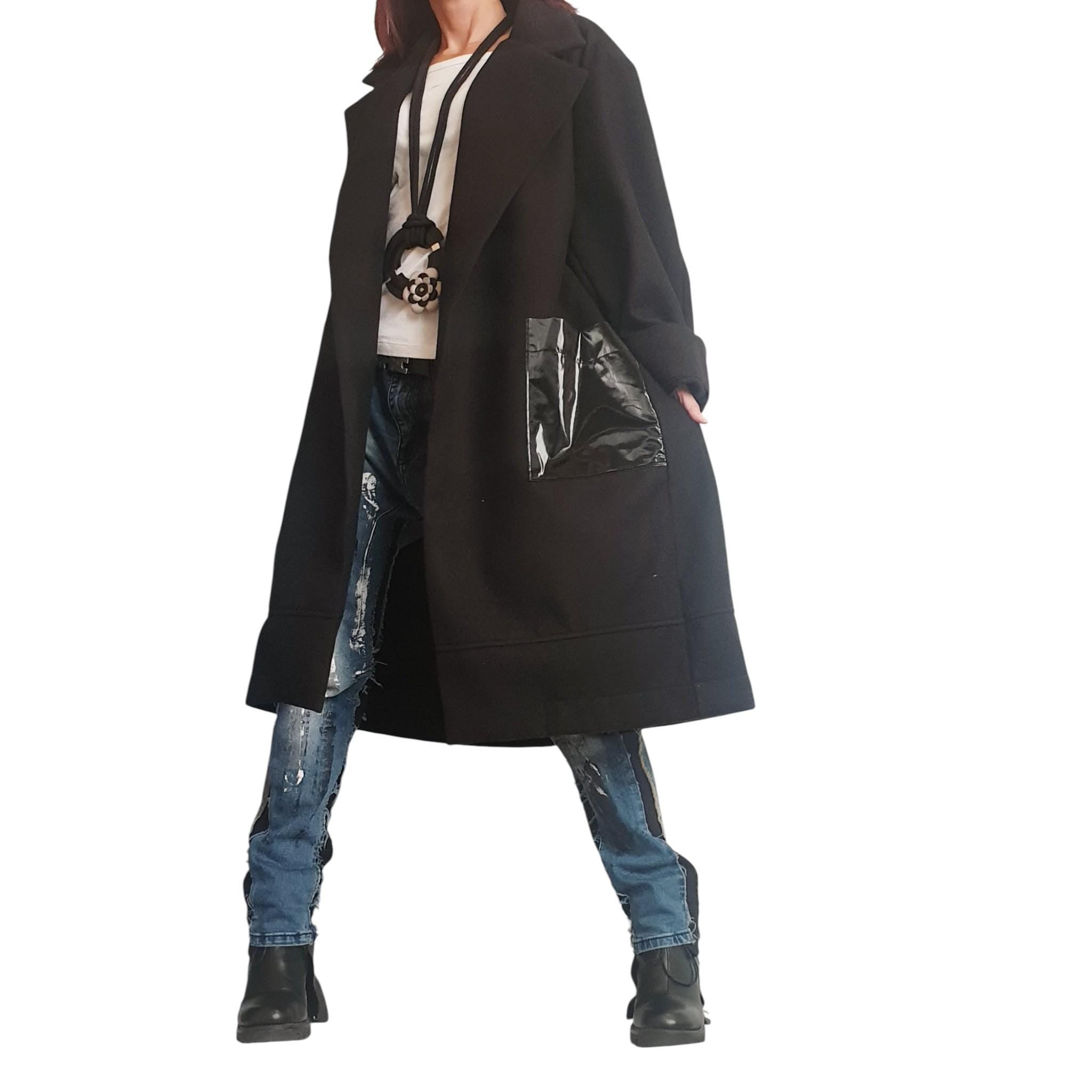 Avant Garde Black Coat, Long Trench Coat with Glossy Pockets, Oversized Handmade Wool Blend Jacket, Extravagant Black Coat