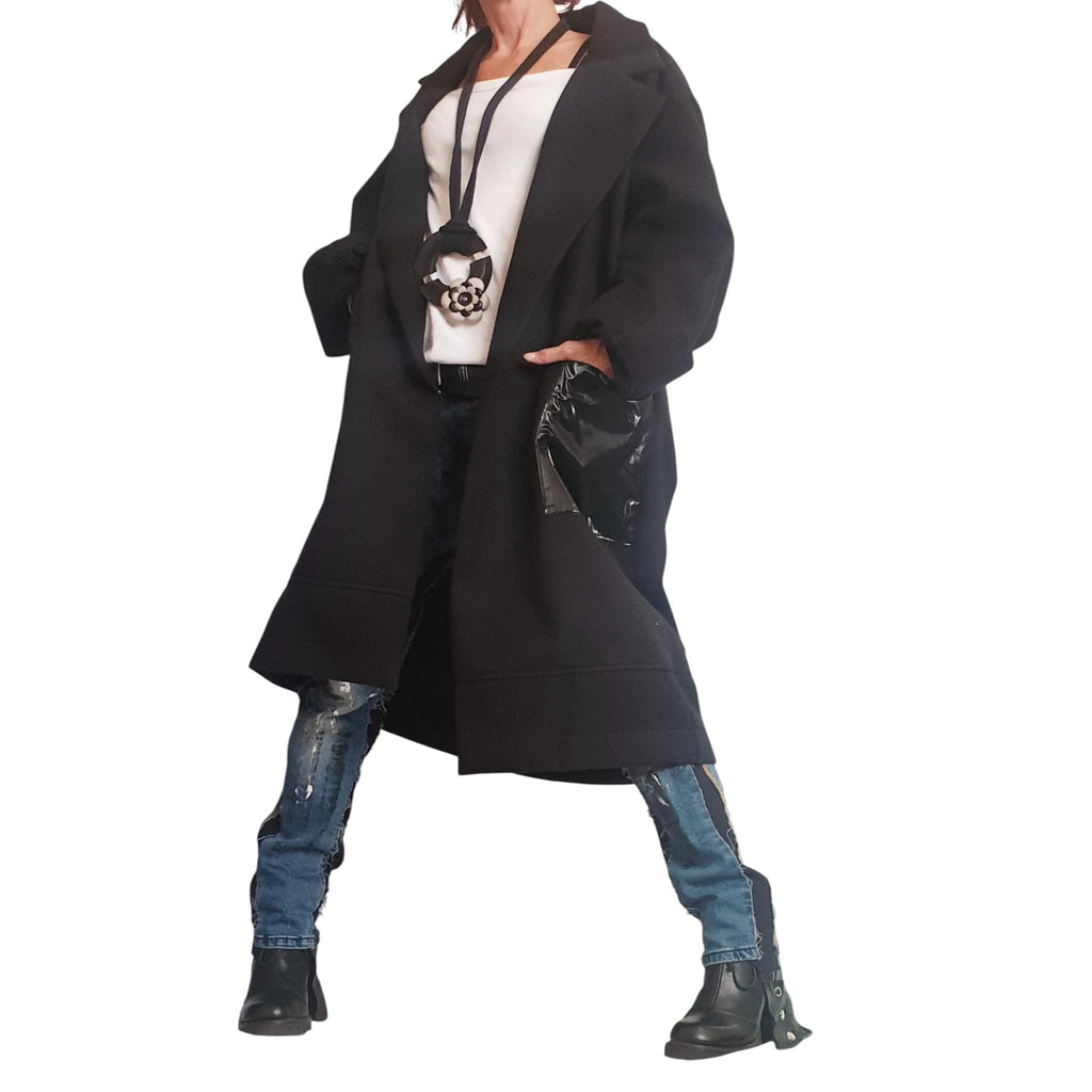 Avant Garde Black Coat, Long Trench Coat with Glossy Pockets, Oversized Handmade Wool Blend Jacket, Extravagant Black Coat