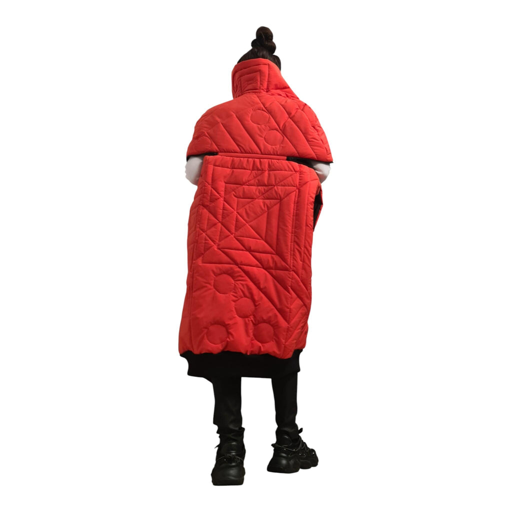 Avant Garde Quilted Vest | Handmade Asymmetric Puffer Gilet | Orange & Black Patchwork | Artistic Streetwear | DDP USA – Free Shipping