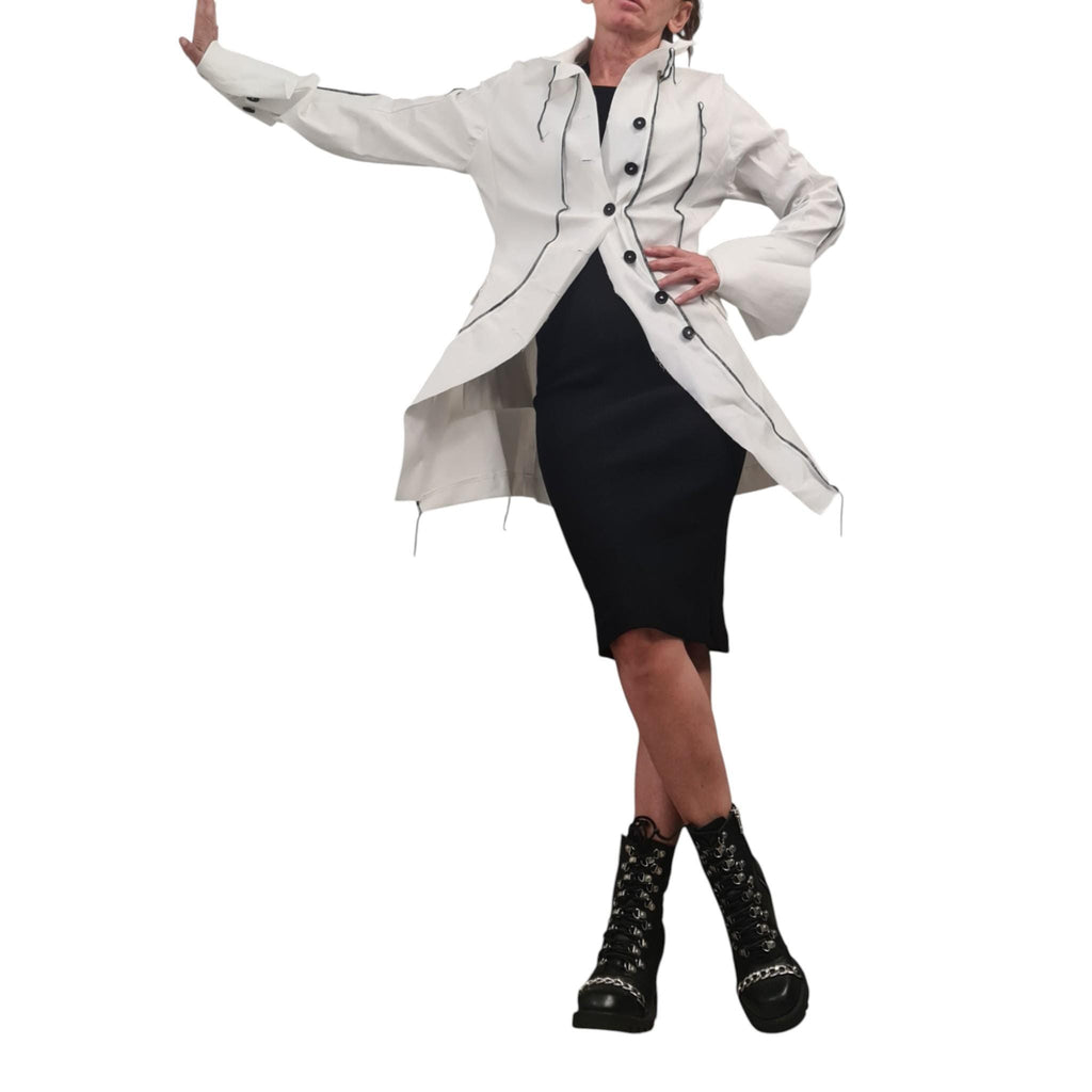 White Denim Blazer with Black Stitching, Women’s Handmade Jacket, Custom Avant Garde Coat, Minimalist Tailored Blazer