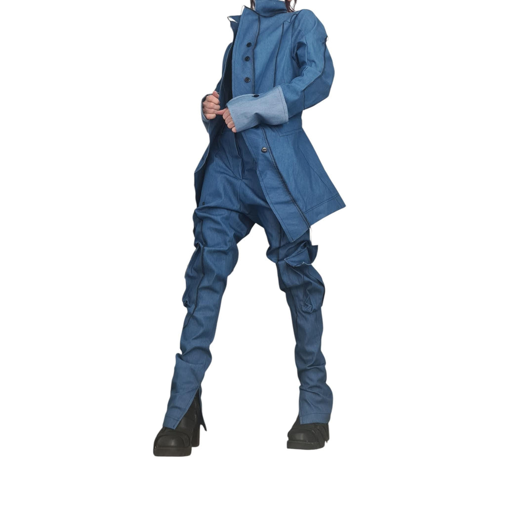 White Denim Blazer with Black Stitching, Women’s Handmade Jacket, Custom Avant Garde Coat, Minimalist Tailored Blazer