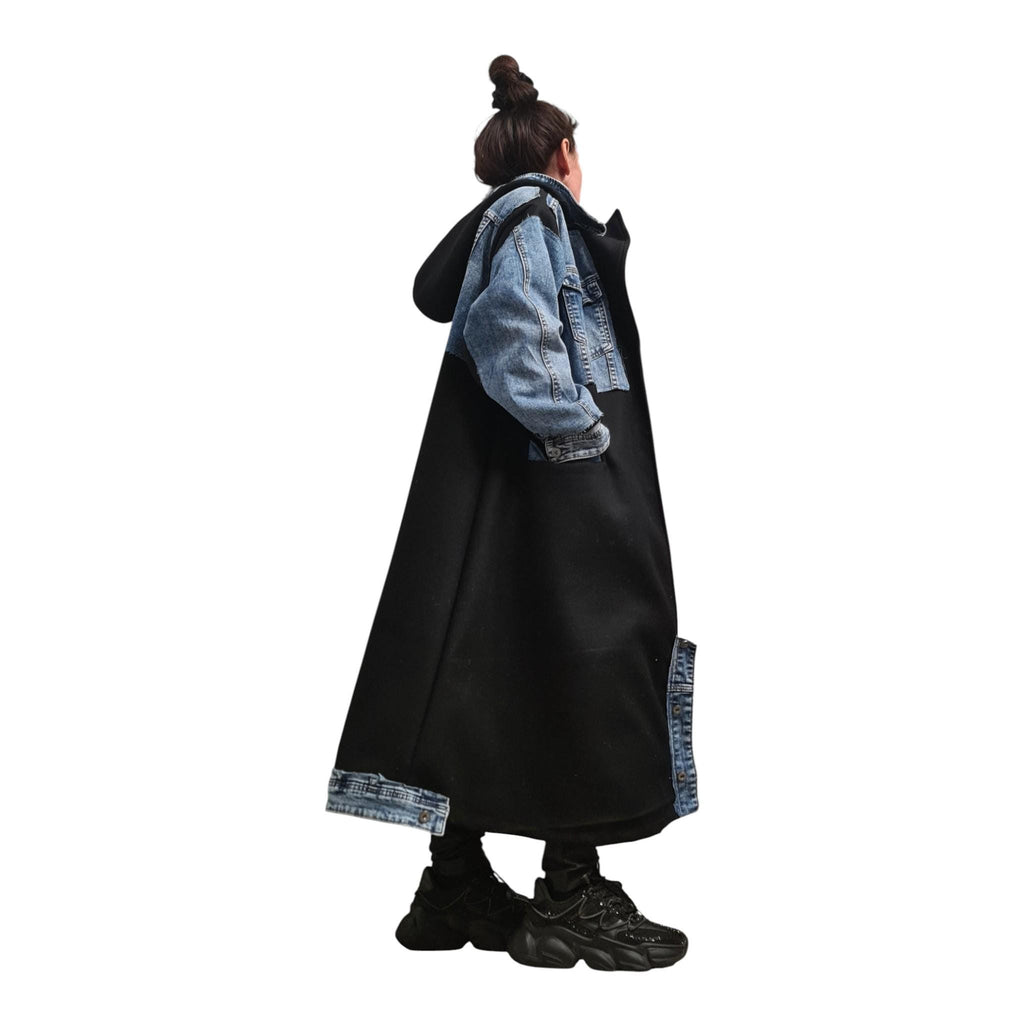 Avant Garde Denim Coat with Hood | Wool Blend Long Trench | Oversized Streetwear Jacket | Handmade | DDP USA Included