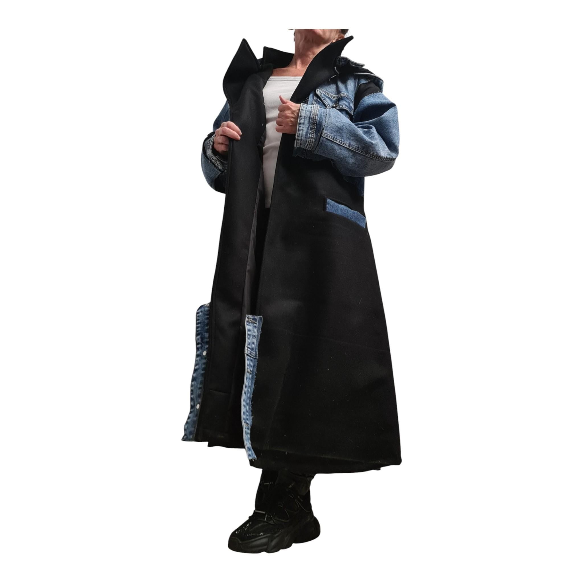 Avant Garde Denim Coat with Hood | Wool Blend Long Trench | Oversized Streetwear Jacket | Handmade | DDP USA Included