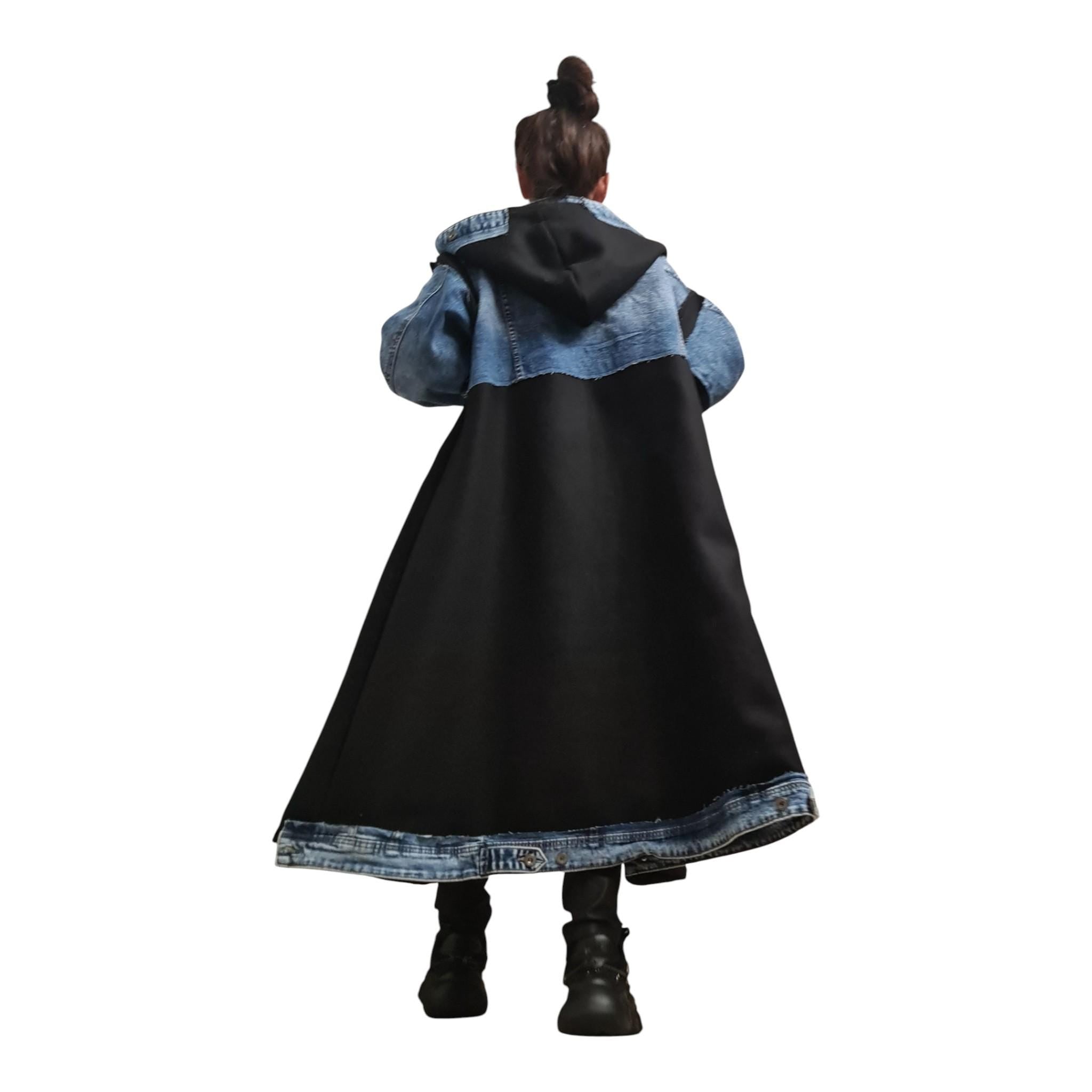 Avant Garde Denim Coat with Hood | Wool Blend Long Trench | Oversized Streetwear Jacket | Handmade | DDP USA Included