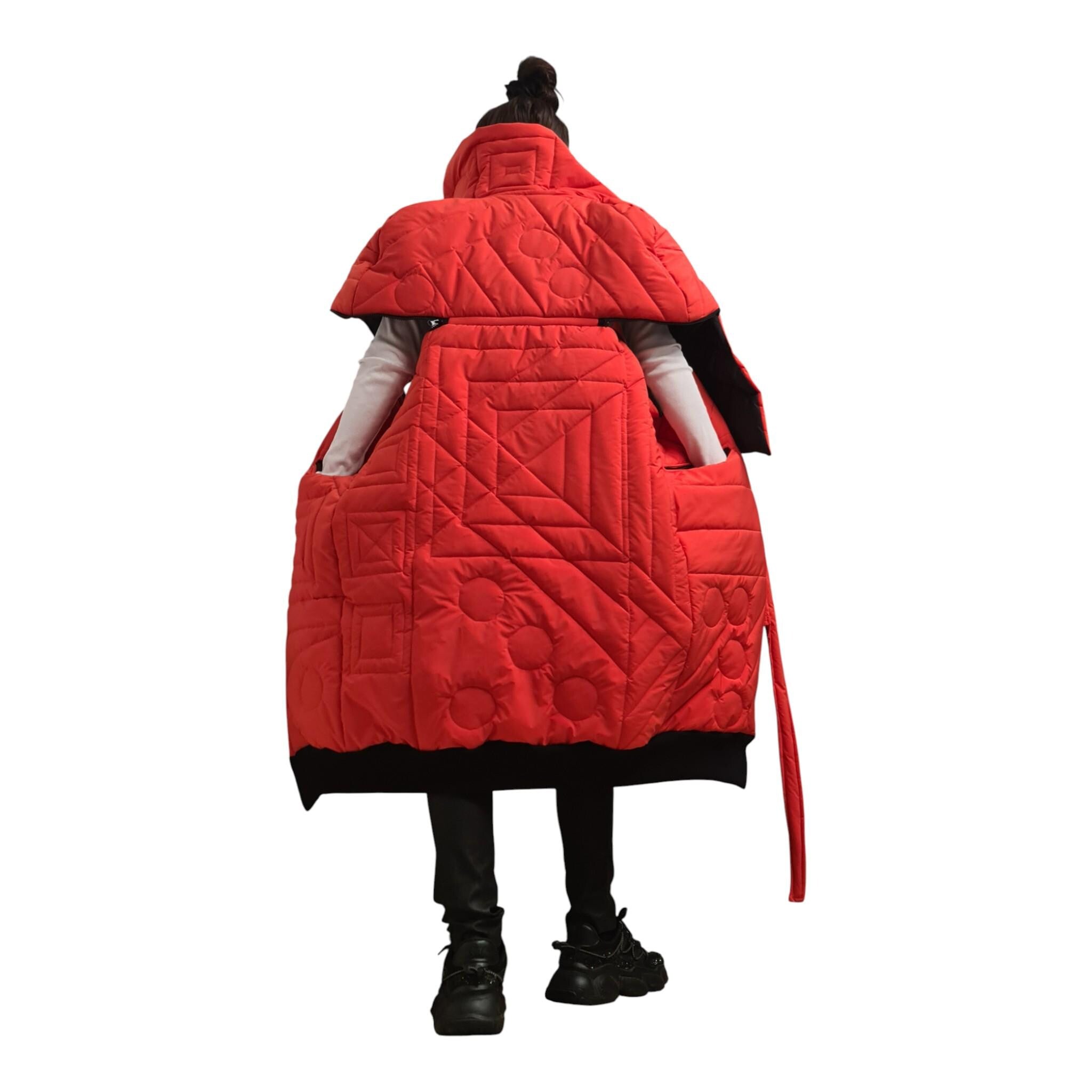 Avant Garde Quilted Vest | Handmade Asymmetric Puffer Gilet | Orange & Black Patchwork | Artistic Streetwear | DDP USA – Free Shipping