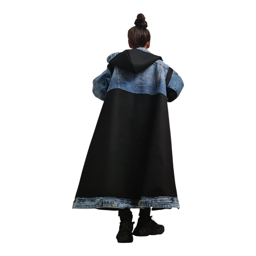 Avant Garde Denim Coat with Hood | Wool Blend Long Trench | Oversized Streetwear Jacket | Handmade | DDP USA Included
