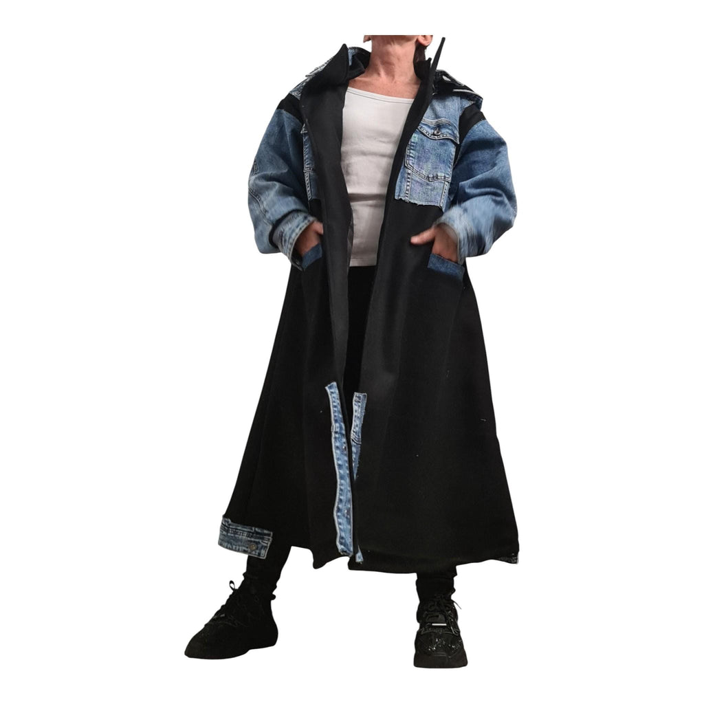 Avant Garde Denim Coat with Hood | Wool Blend Long Trench | Oversized Streetwear Jacket | Handmade | DDP USA Included