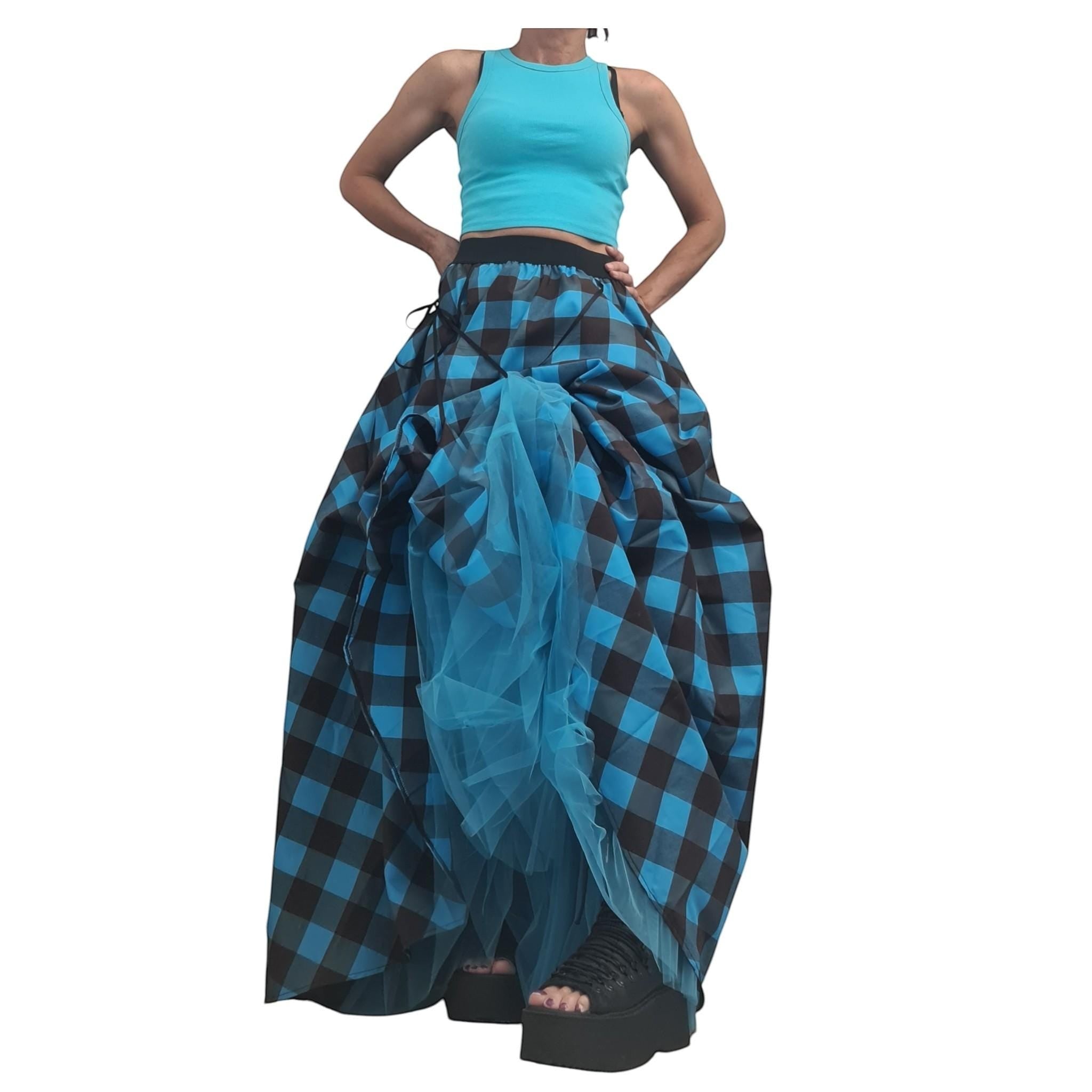 Blue plaid gothic maxi skirt with asymmetrical layered tulle design