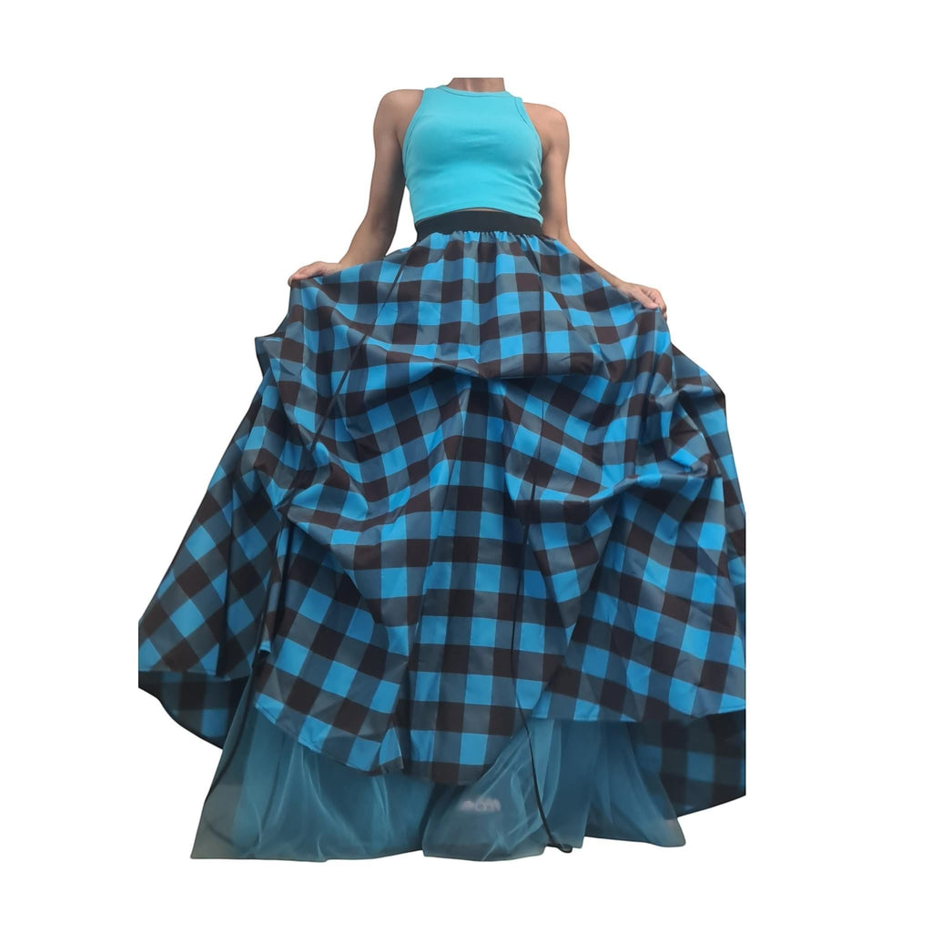 Blue plaid gothic maxi skirt with asymmetrical layered tulle design