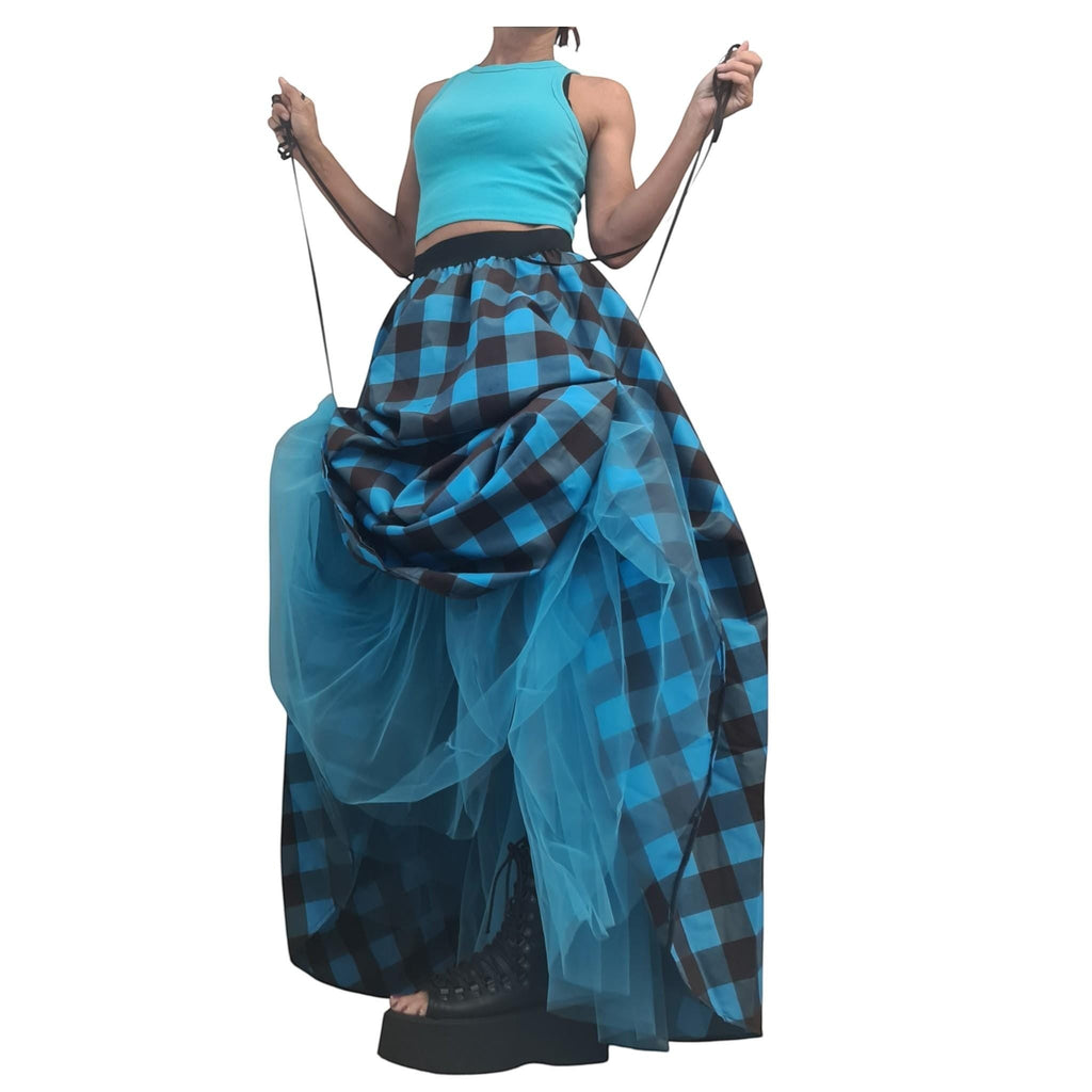 Blue plaid gothic maxi skirt with asymmetrical layered tulle design