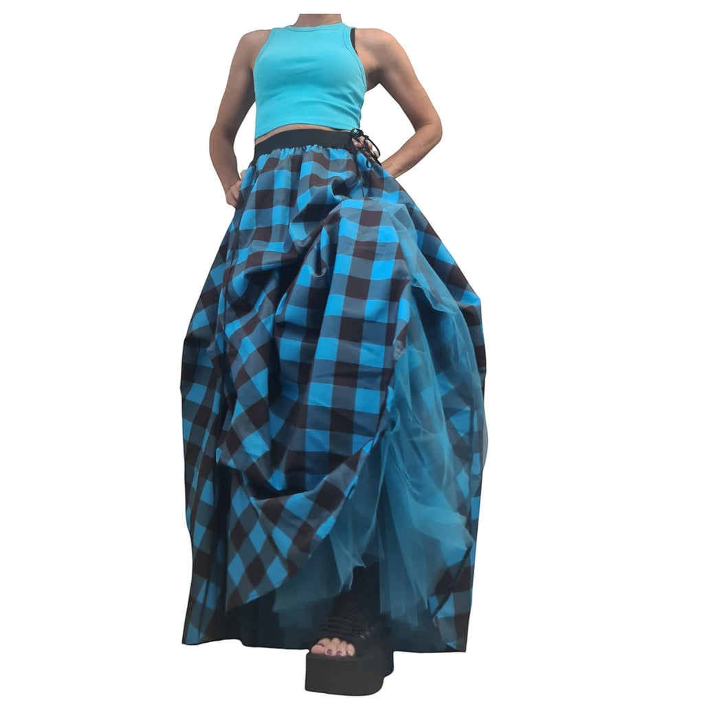 Blue plaid gothic maxi skirt with asymmetrical layered tulle design