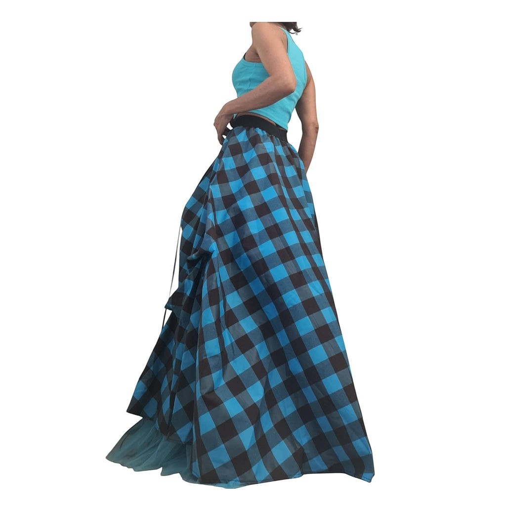 Blue plaid gothic maxi skirt with asymmetrical layered tulle design