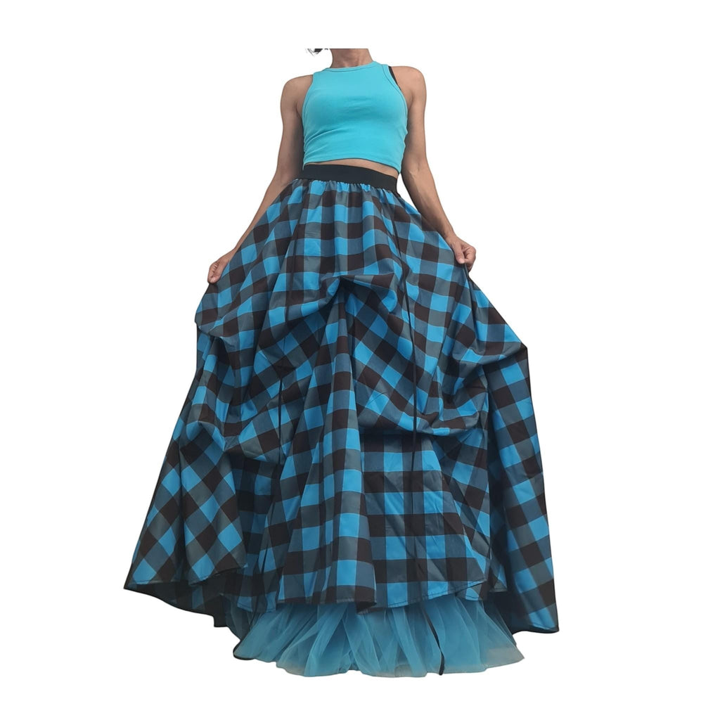 Blue plaid gothic maxi skirt with asymmetrical layered tulle design