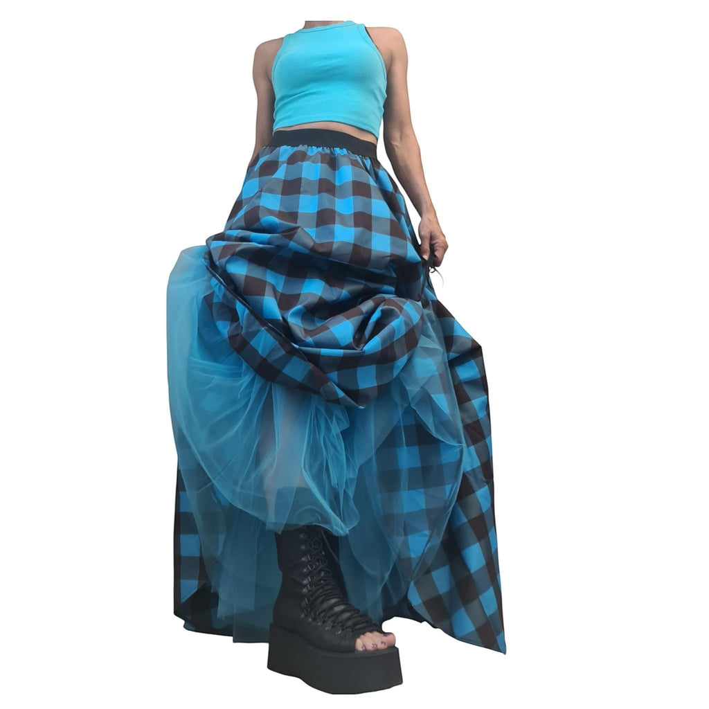 Blue plaid gothic maxi skirt with asymmetrical layered tulle design