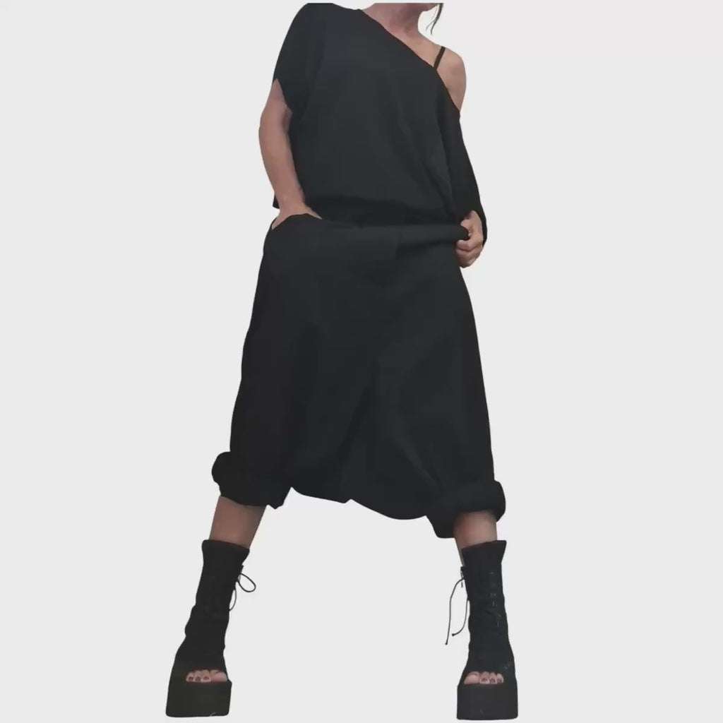 Black Gothic Jumpsuit – Oversized Harem Romper, Open Back