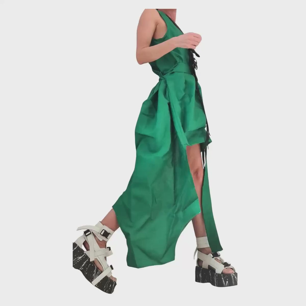 Green Linen Dress, High Low Asymmetric Design, Short Front Long Back, Sleeveless Linen Tunic