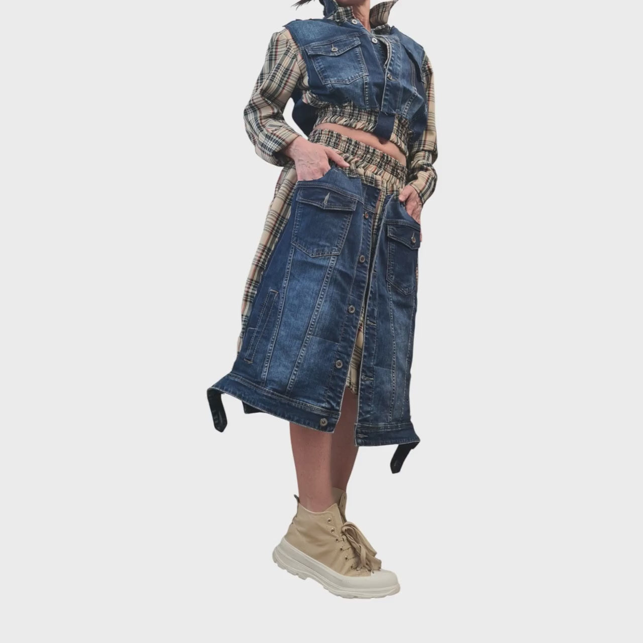 Avant Garde Denim Plaid Skirt & Jacket Set | Designer Streetwear | Handmade Statement Outfit