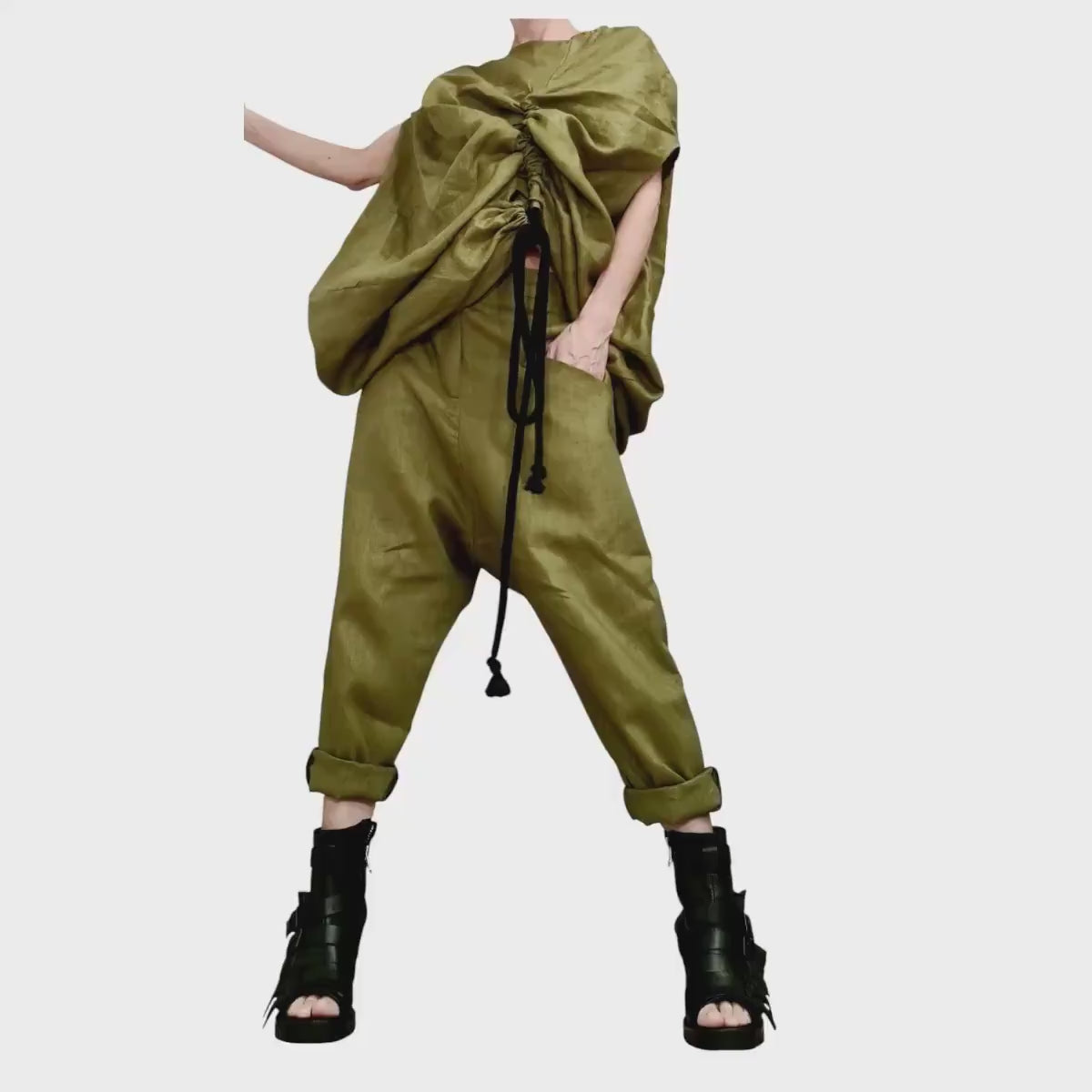 Military Green Linen Set – Avant Garde Drop Crotch Pants and Tunic