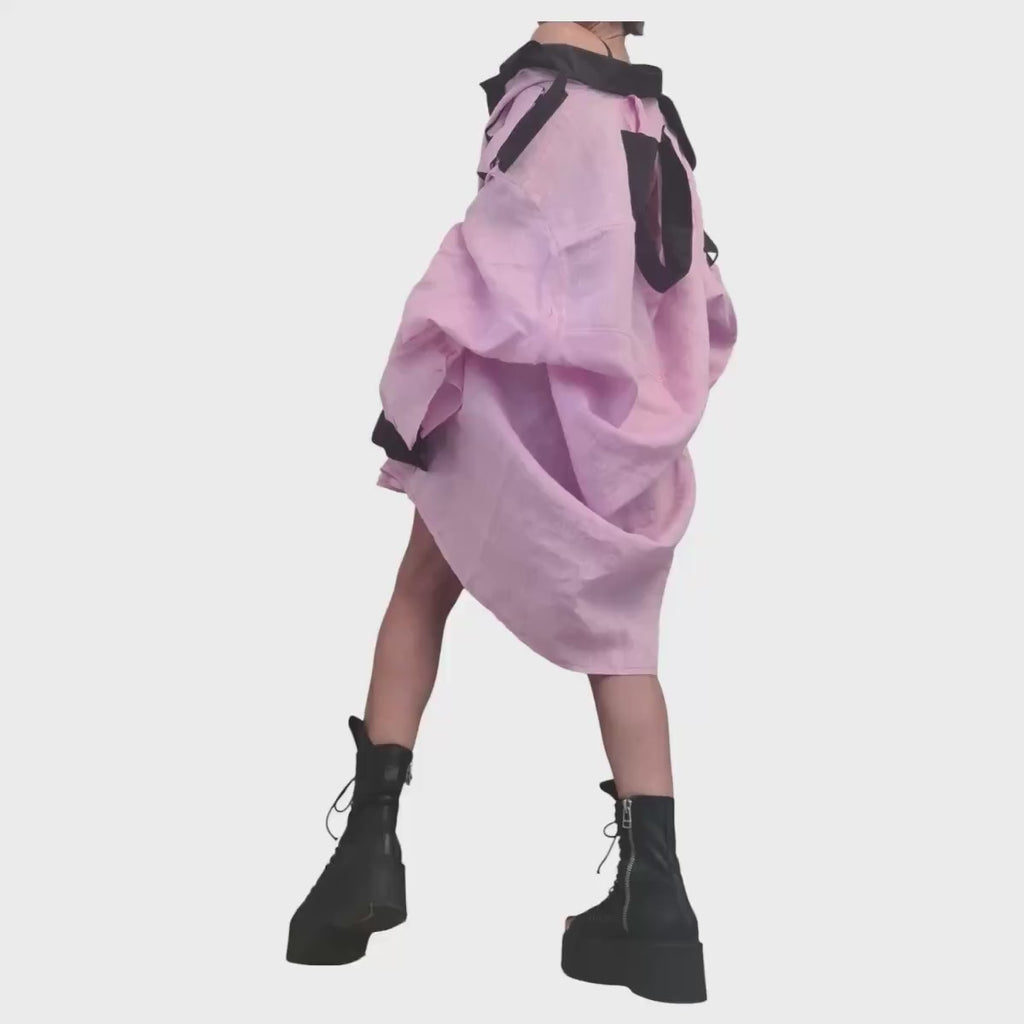 Pistachio Linen Asymmetric Tunic, Oversized Avant Garde Top, Open Back Collar Shirt, Cargo Pocket