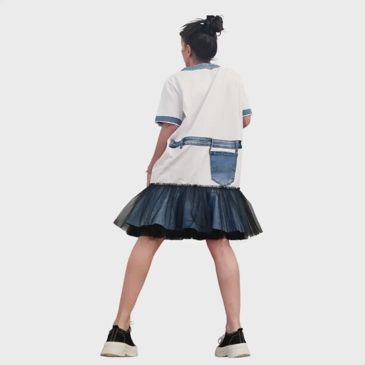 Extravagant Cotton Denim Tulle Tunic Dress, Casual Oversized T-Shirt Dress with Jean Accents – Unique Layered Skirt Style