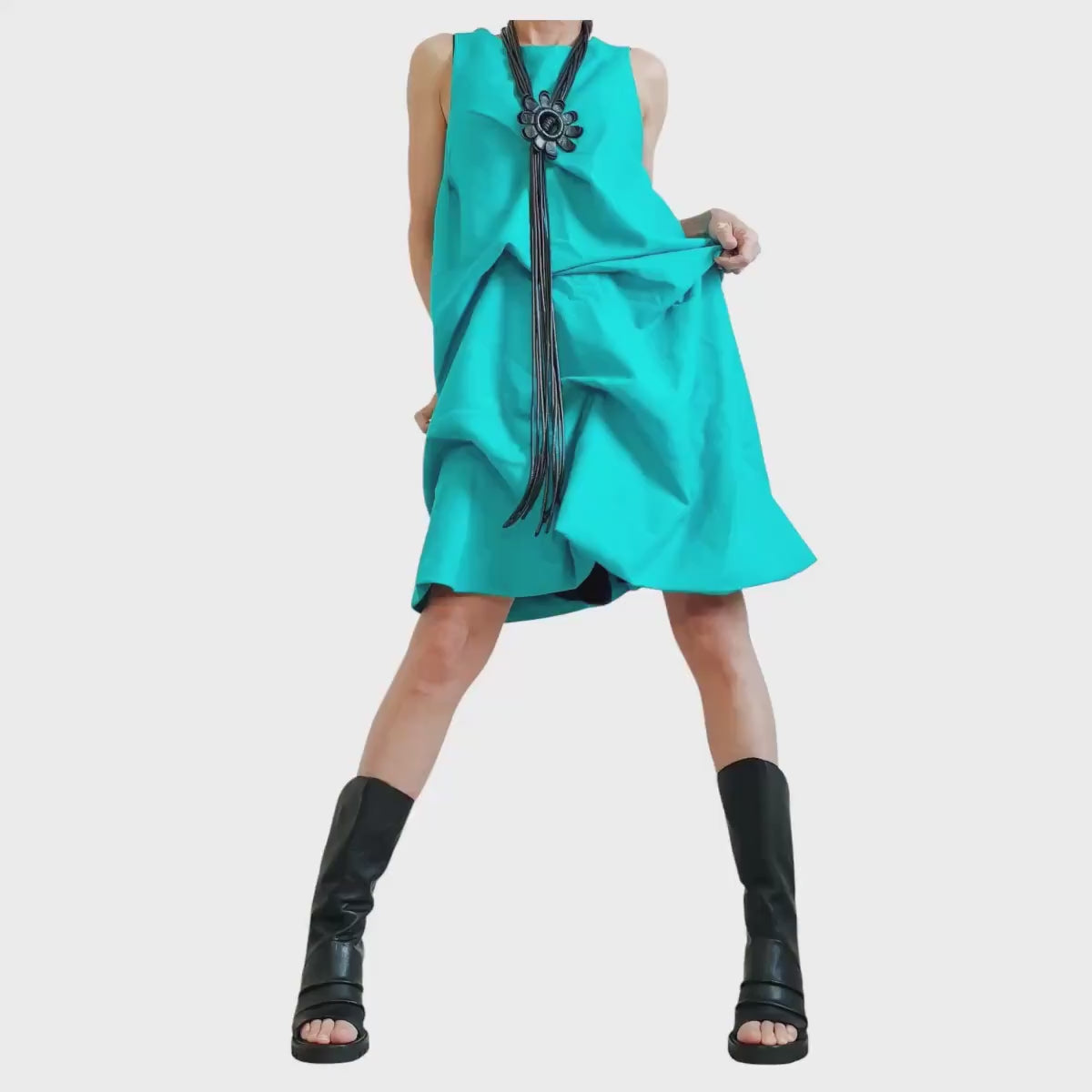 Turquoise Linen Dress for Women, Sleeveless Asymmetric Loose Fit, Avant Garde Handmade Clothing
