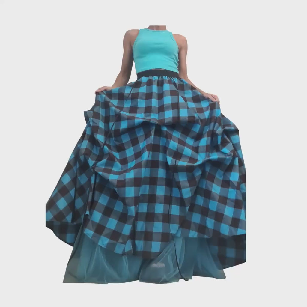 Plaid Grunge Skirt Women, Gothic Skirt, Asymmetric Skirt, Long Short Skirt, High Tulle Skirt, turquoise blue & brown plaid
