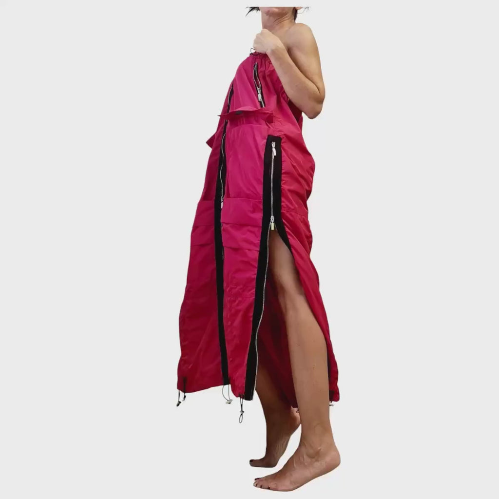 Red Maxi Cargo Skirt with Zippers, Oversized Avant Garde Clothing, Techwear Festival Outfit