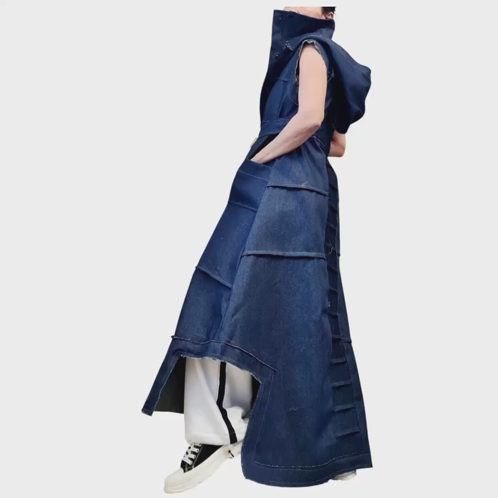 New collection Denim Hooded Vest, Extravagant Long loose Vest, Avant Garde Asymmetric Vest, Sleeveless, DRESSSHOESCODE