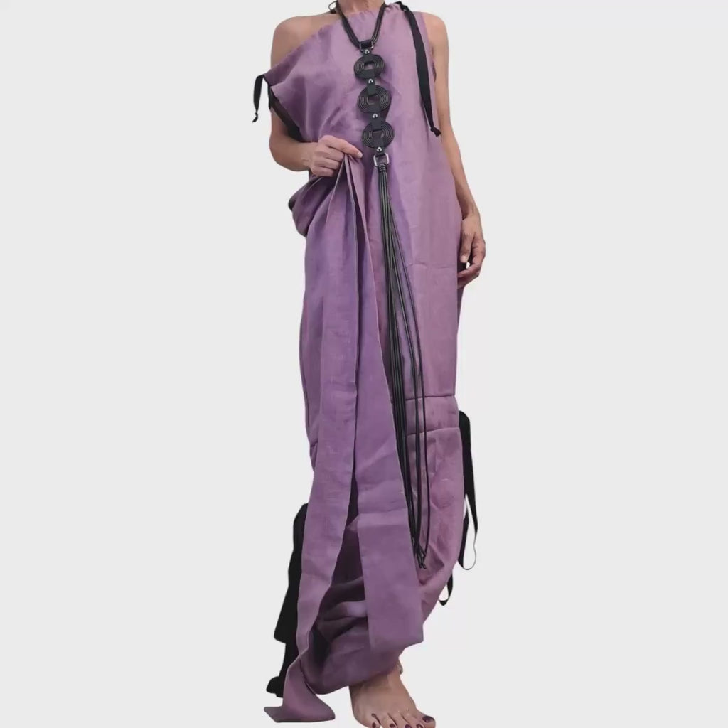 Lavender Linen Maxi Dress, Open Back, Asymmetric One Shoulder Design, Sleeveless Long Dress