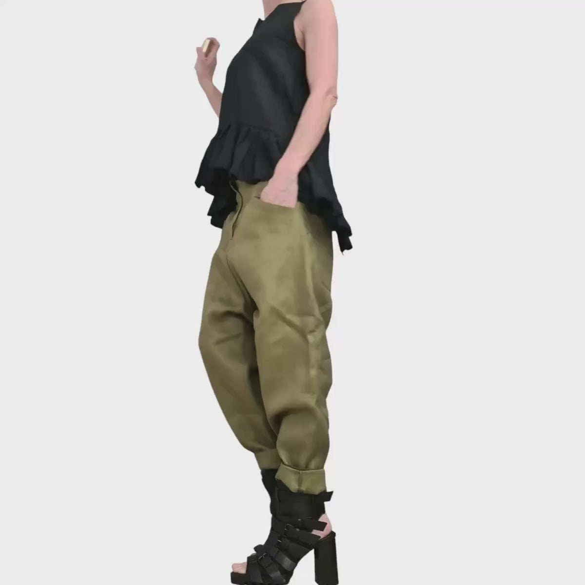 Military Green Linen Harem Pants, Wide Drop Crotch Trousers, Loose Summer Pants