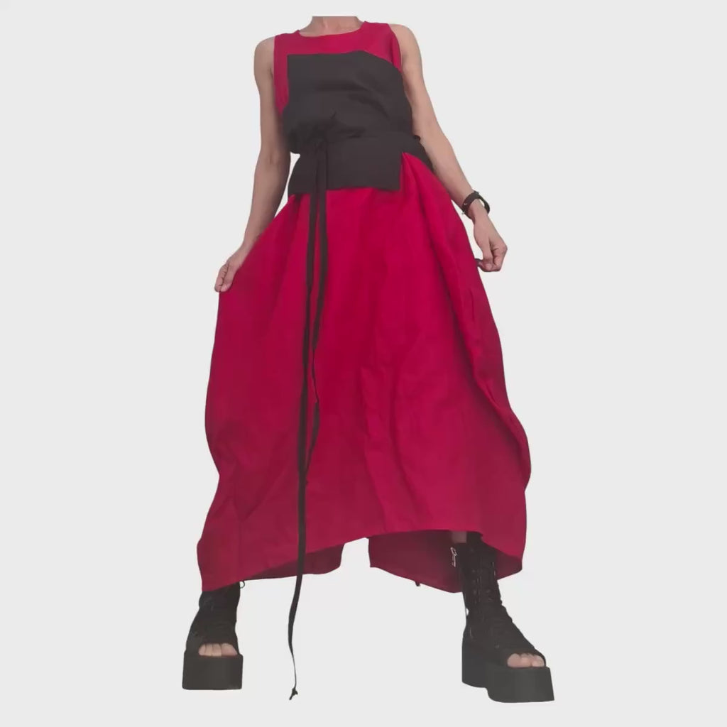 Red Linen Maxi Dress with Corset – Sleeveless Linen Dress