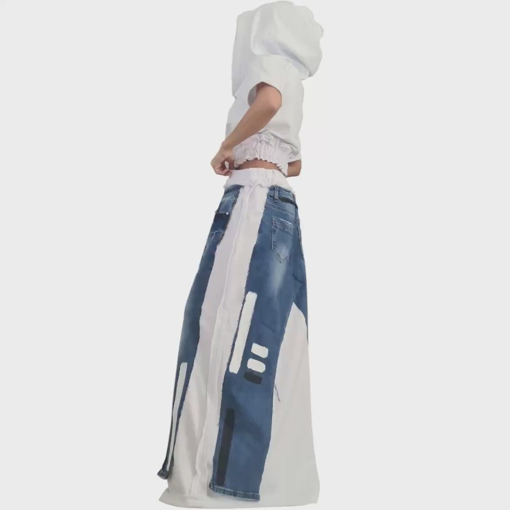 New collection Extravagant White Long Skirt, Sweatshirt, Cotton Denim Skirt, Deconstructed Avant Garde Skirt Outside Seam
