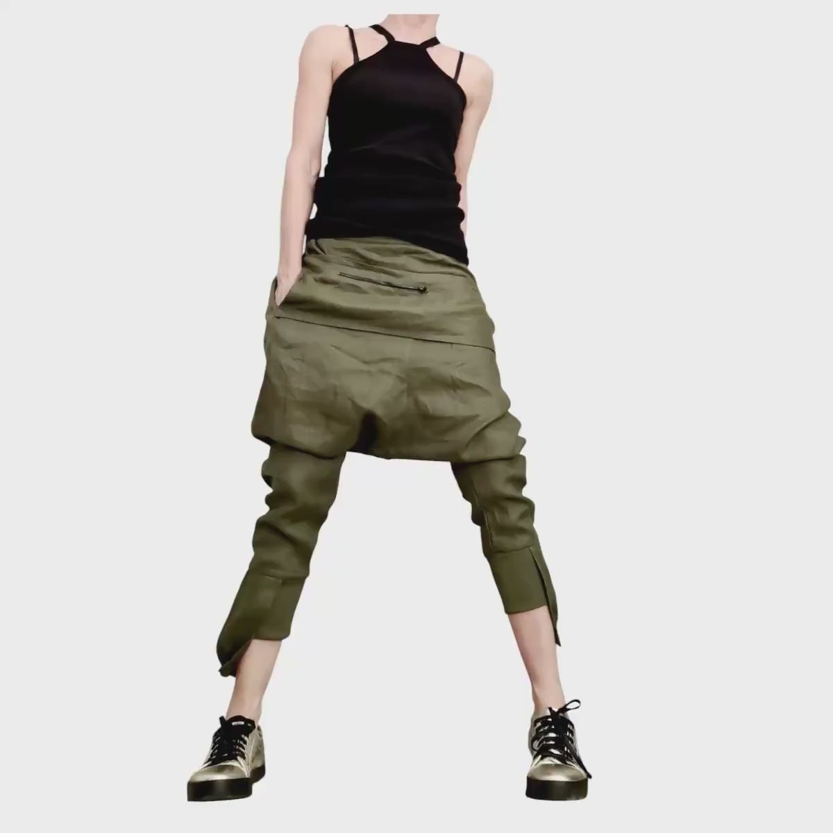 Military Green Linen Pants for Women, Drop Crotch Summer Trousers, Handmade Casual Urban Outfit