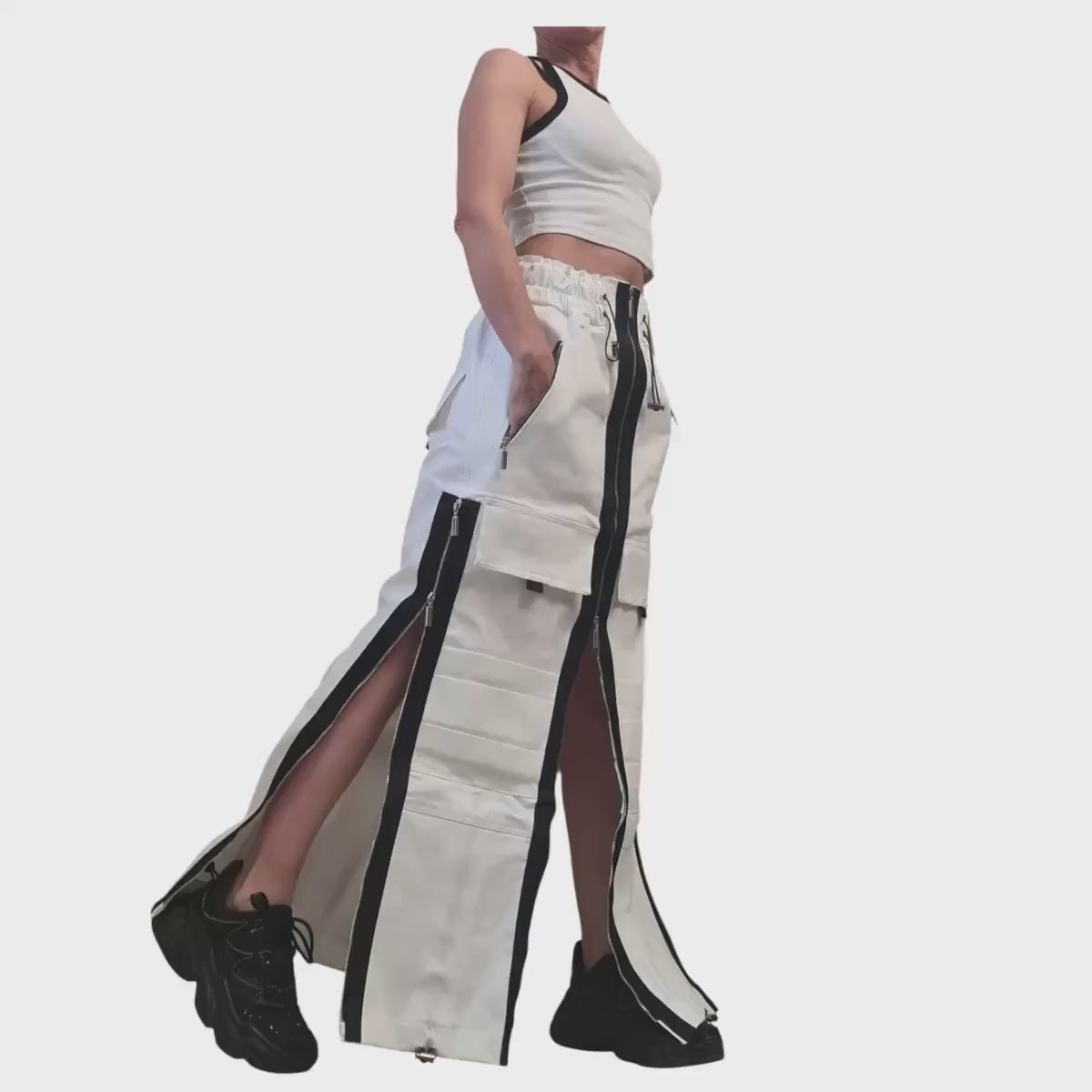 White Denim Maxi Skirt, Black Zipper Details, Cargo Pocket Skirt Avant Garde Clothing