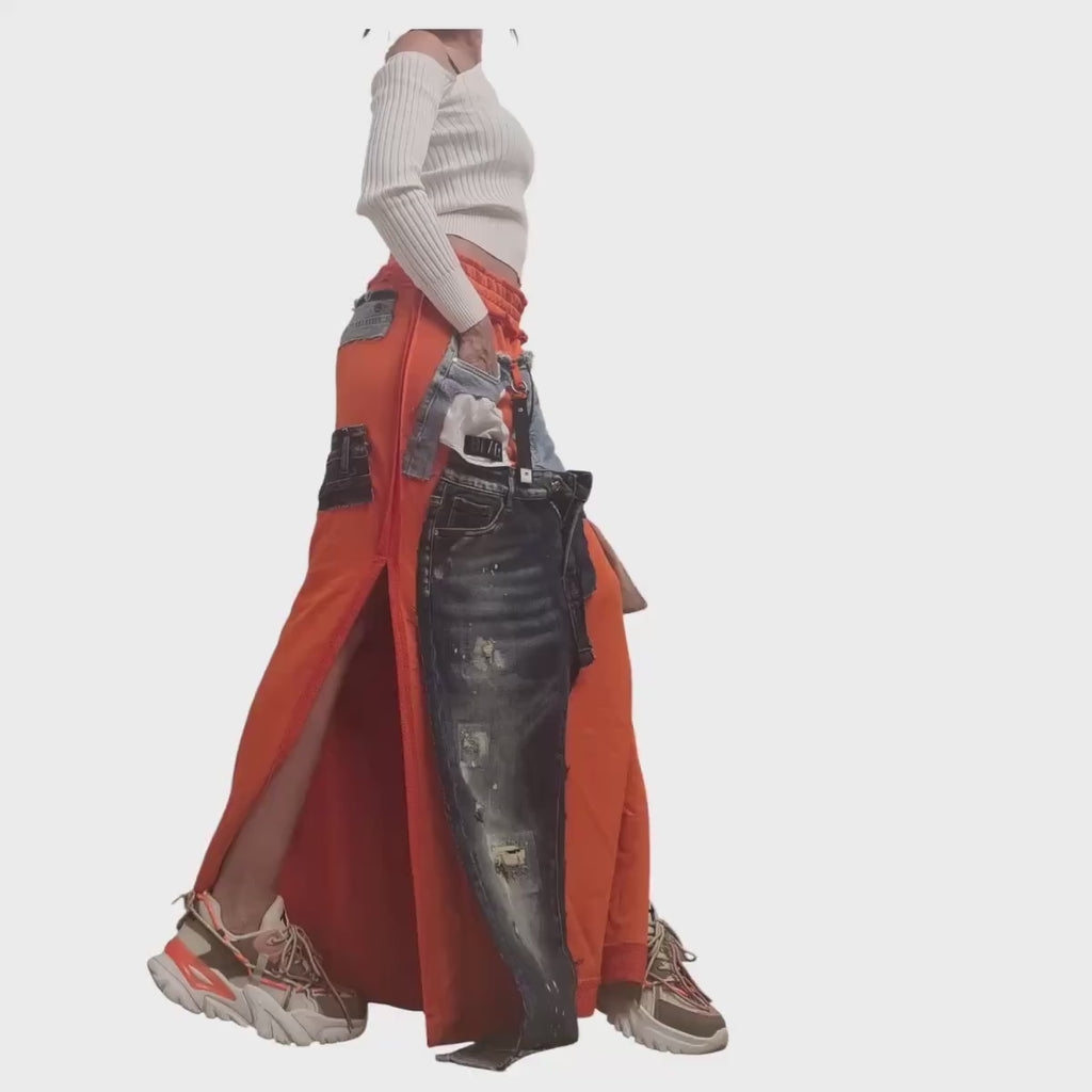 Orange Extravagant Long Skirt, Cotton Denim, Deconstructed Avant Garde Skirt Outside Seam