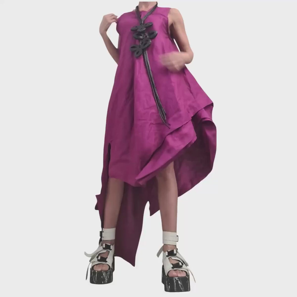 Plum Purple Linen Maxi Dress, Asymmetric Oversized Sleeveless Dress