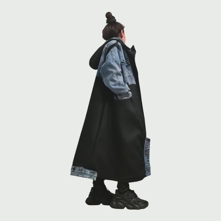 Avant Garde Denim & Wool Coat, Handmade Oversized Hooded Trench, Oversized Streetwear Jacket, DDP USA