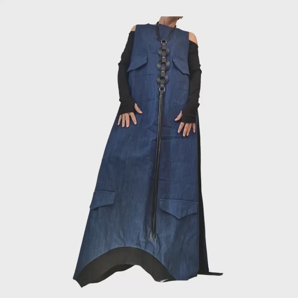 Deconstructed Denim Dress, Long Loose Dress, Pockets Dress, Asymmetric Dress, Gothic Dress, Extravagant Dress, Sleeveless Dress