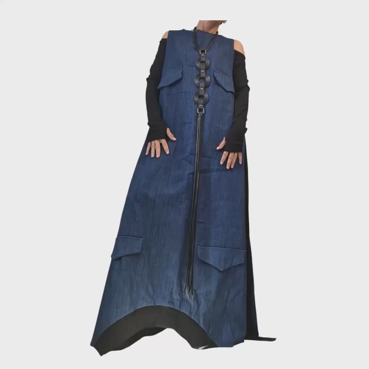 Deconstructed Denim Dress, Long Loose Dress, Pockets Dress, Asymmetric Dress, Gothic Dress, Extravagant Dress, Sleeveless Dress