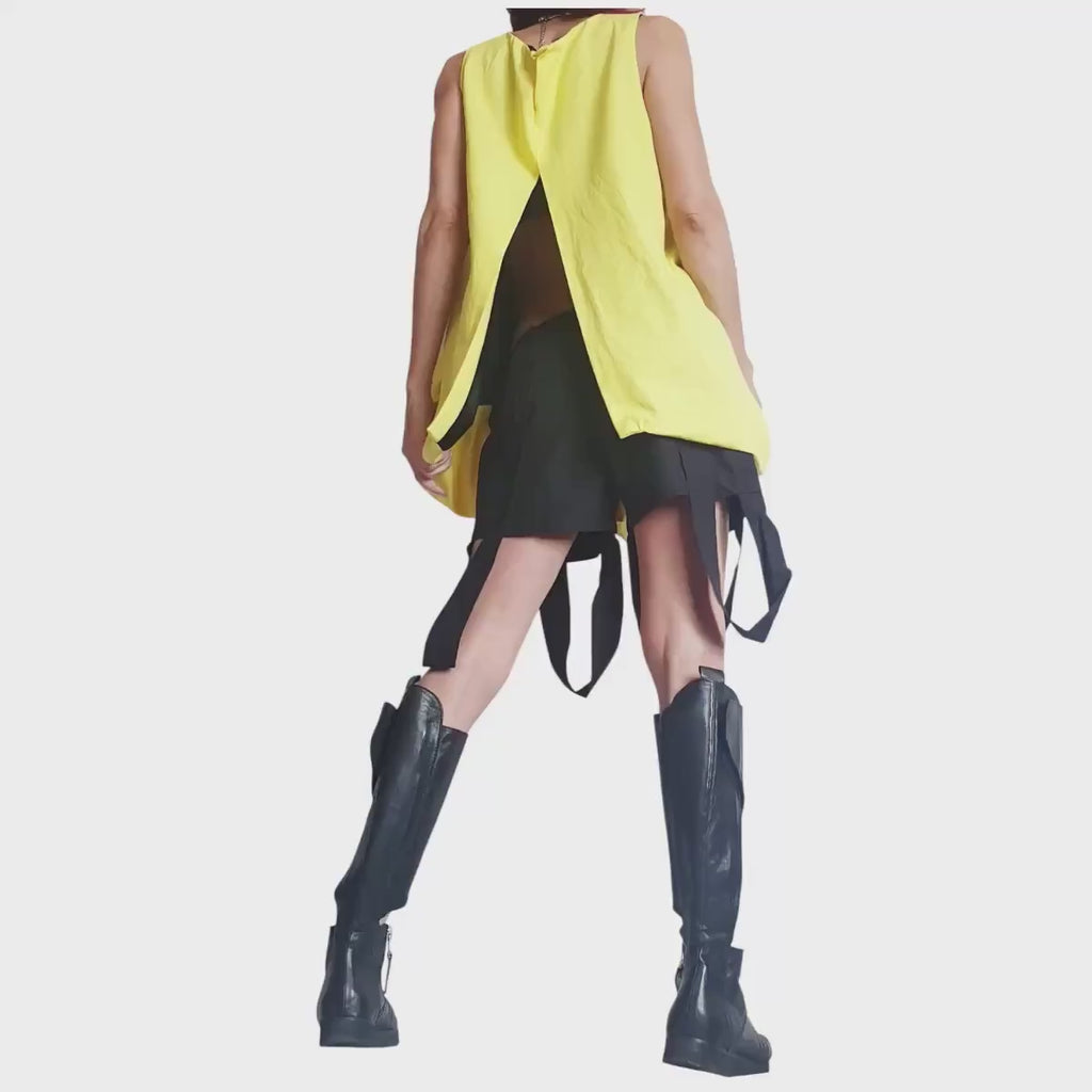 Yellow Linen Tunic for Women, Sleeveless Asymmetric Top, Open Back Loose Fit, Oversize Clothing