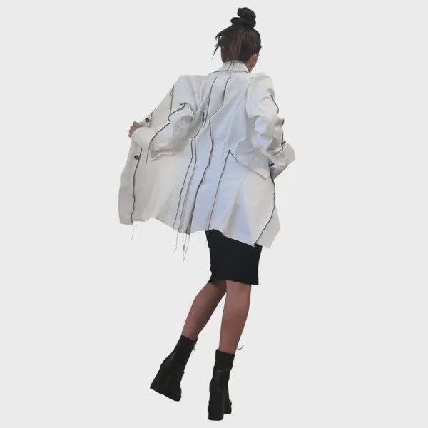 White Denim Blazer, Handmade Women's Jacket, Black Stitching, Avant Garde Coat, Minimalist Tailored Blazer