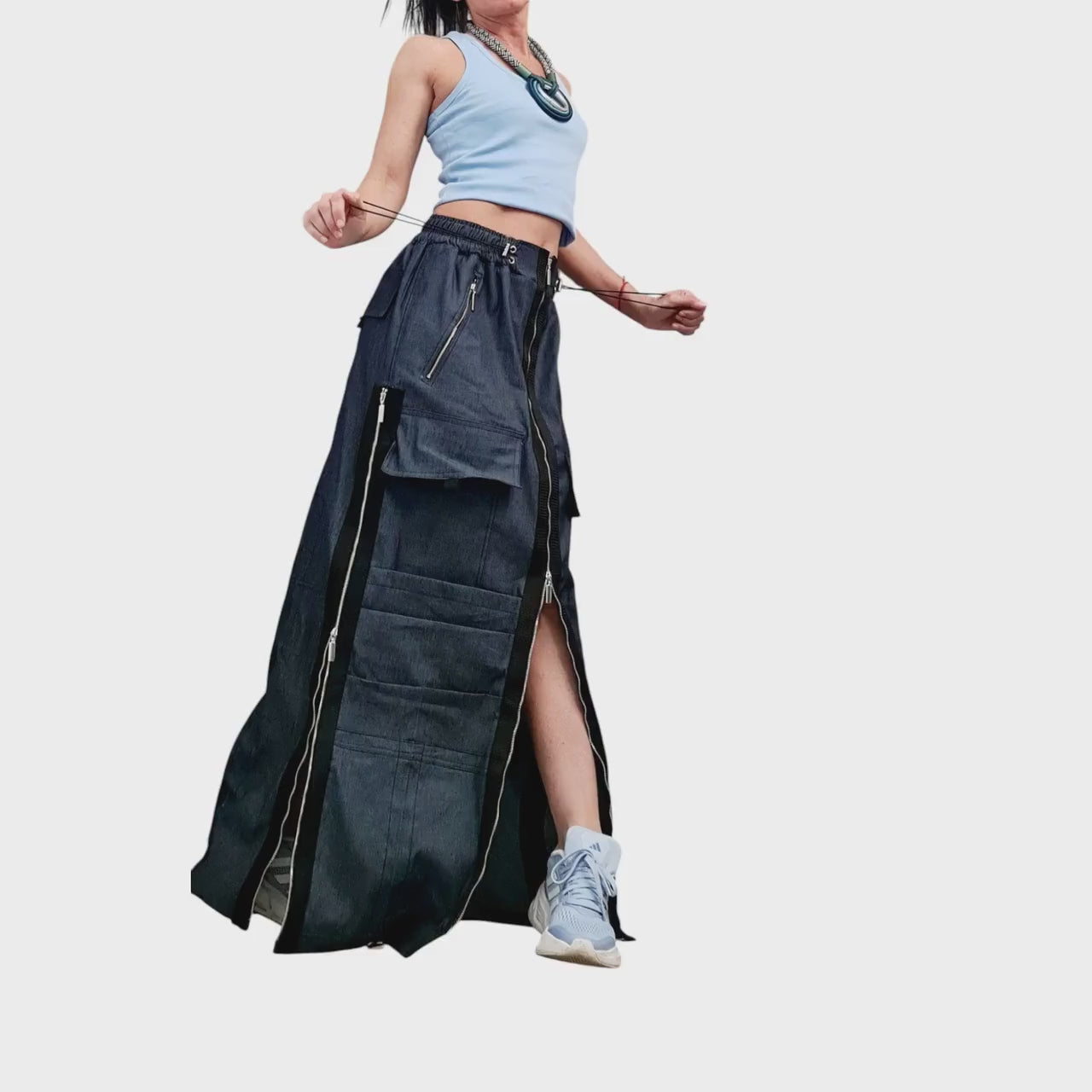 Extravagant Denim Maxi Skirt with Zippers, Cargo Pockets, Convertible Tube Dress, Avant Garde Festival Streetwear, Custom Made