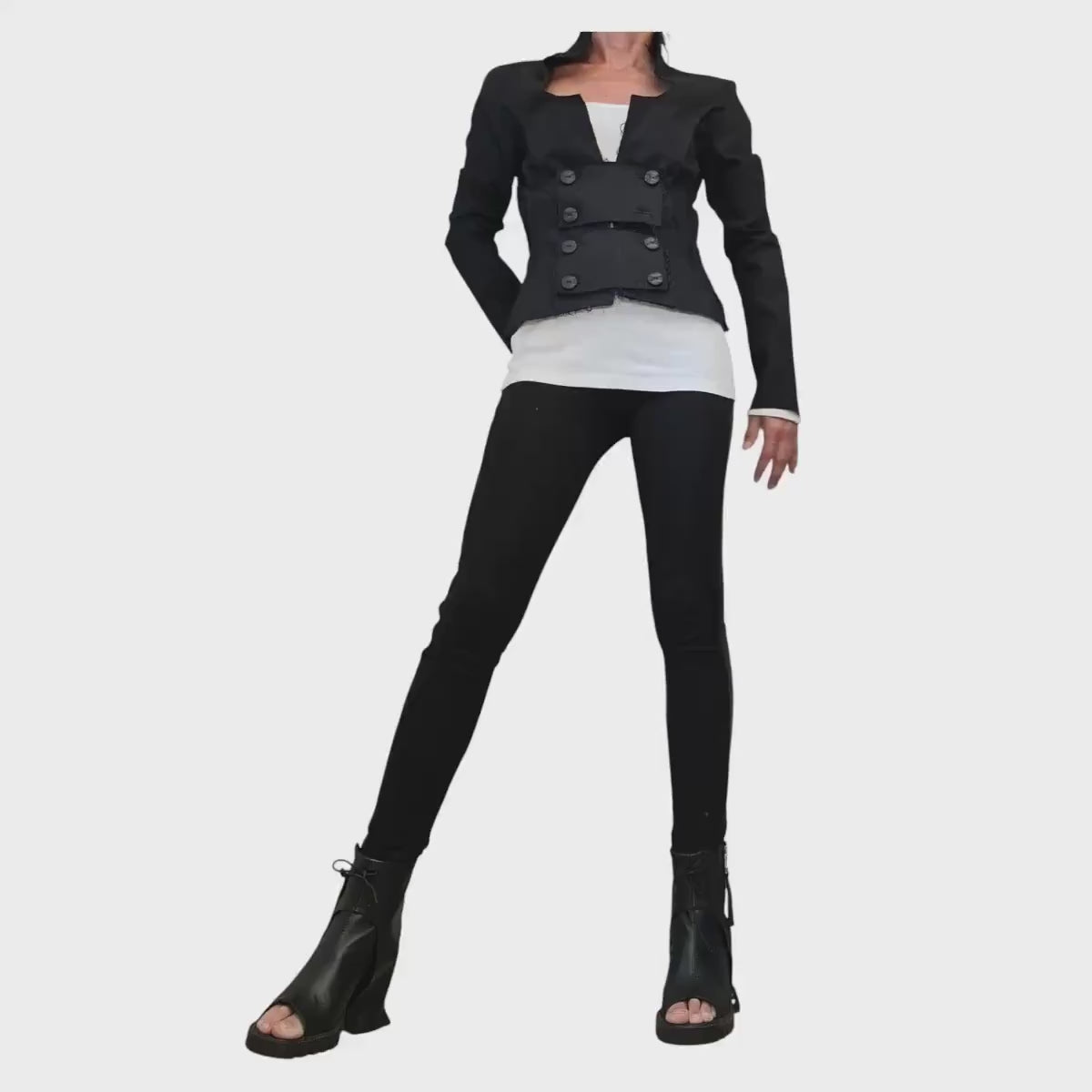 Black Denim Fitted Blazer Short Avant Garde Gothic Jacket Statement Tailored Piece Women’s Fashion