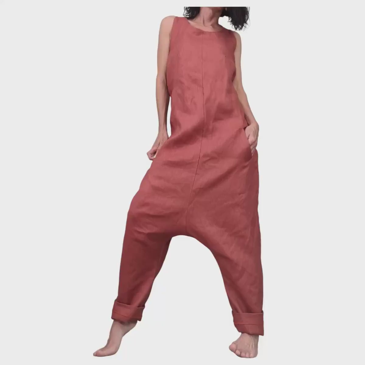 Terracotta Linen Jumpsuit, Asymmetric Harem Overall, Wide Leg Sleeveless Jumpsuit, Oversized Clothing for Women