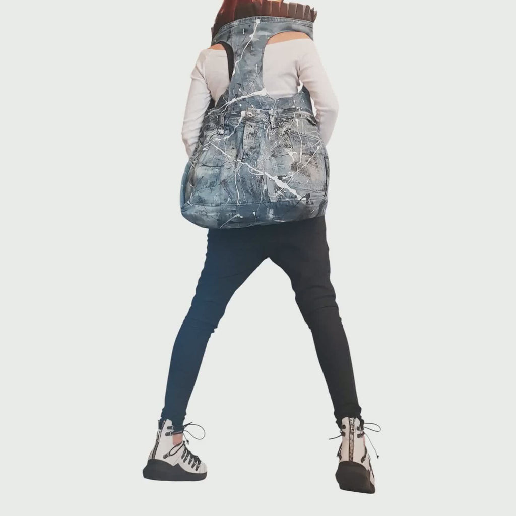 Handmade Denim Backpack – Avant Garde Statement Bag, Artistic Rucksack, Sustainable Casual Shoulder Bag