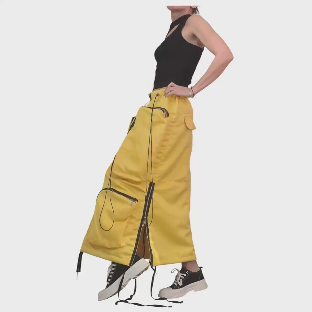 Yellow Cotton Satin Maxi Skirt With Cargo Pockets, Long Avant Garde Oversized Skirt