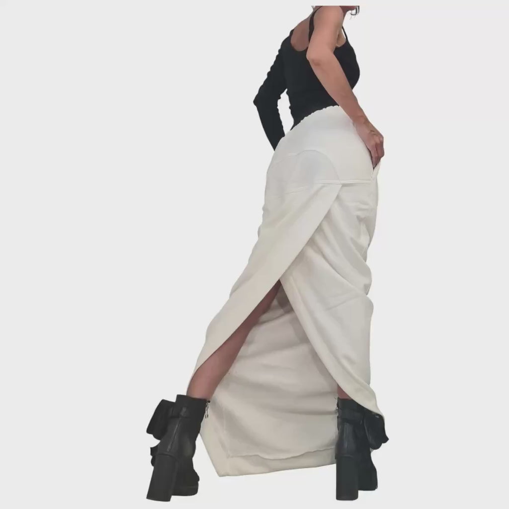 New collection White Extravagant Cotton Skirt, A Line Skirt, Long Slit Skirt, Gothic Skirt, Asymmetric Skirt, Sexy Skirt