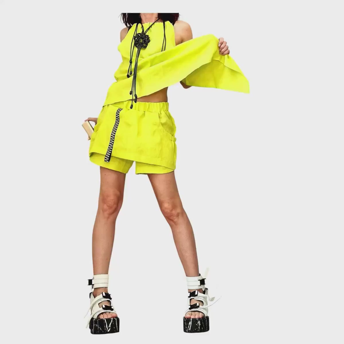 Yellow Linen Two Piece Set, Open Back Top, Layered Shorts, Summer Outfit for Women